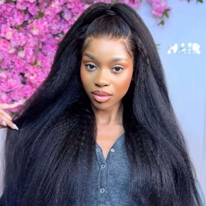 13x4 Natural Black Glueless Wig Kinky Straight 100% Human Hair Wig
